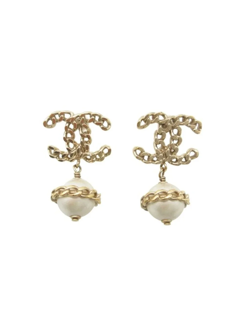 Chanel Earrings CC Logo Faux Pearl Chain Swing Gold